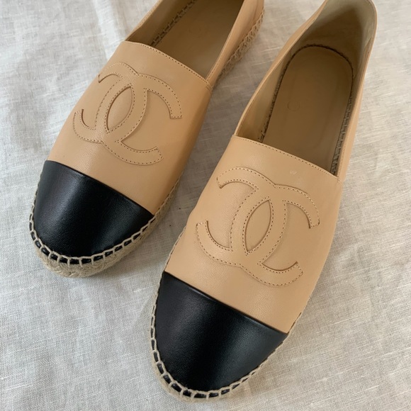 CHANEL Shoes - Chanel Lambskin Beige & Black Espadrilles